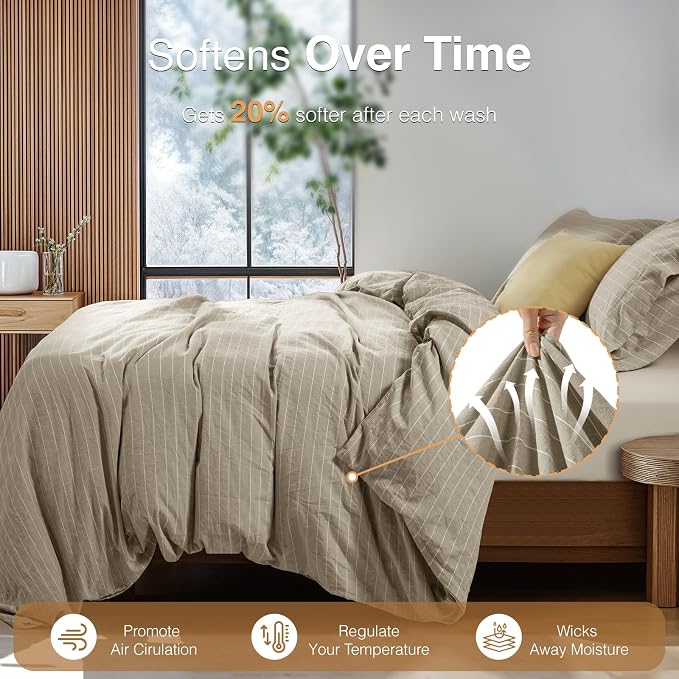 SONORO KATE 100% French Linen King Duvet Cover Set,Zipper Closure,3PC | Natural French Flax,Soft Breathable for Hot Sleepers,Moisture Wicking & Durable,4 Corner Ties,Linen & White Stripes
