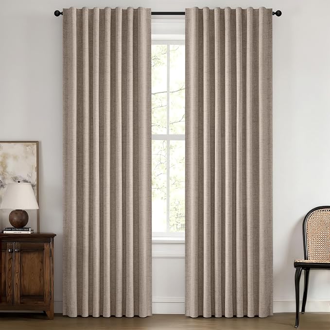MIULEE 100% Blackout Linen Burlap Curtains for Bedroom 42 x 90 Inch 2 Panel | Thermal Insulated, Room Darkening Drapes for Living Room, Back Tab Rod Pocket Pinch Pleated, Taupe Brown Solid Luxury Decor