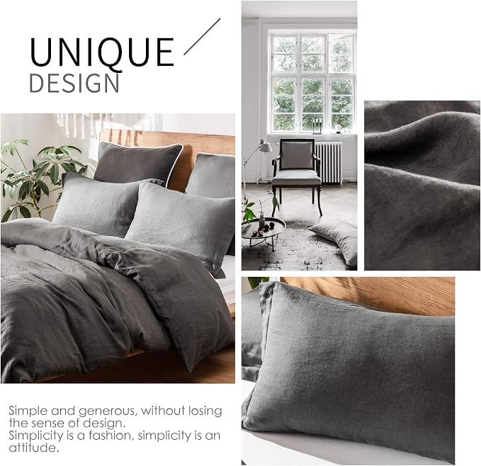 Simple&Opulence 100% Linen Duvet Cover Set 3pcs Basic Style Natural French Washed Flax Solid Color Soft Breathable Farmhouse Bedding with Button Closure - Dark Grey, Full