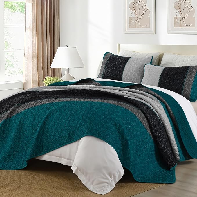 Cottolester Boho Quilt Set Full,Striped Plaid Bedspreads t Set,Peacock Blue | Lightweight Coverlets Set with 2 PillowShams,All Seasons Microfiber Quilt Bedding Sets for Bedroom Guest Room 78"x90"