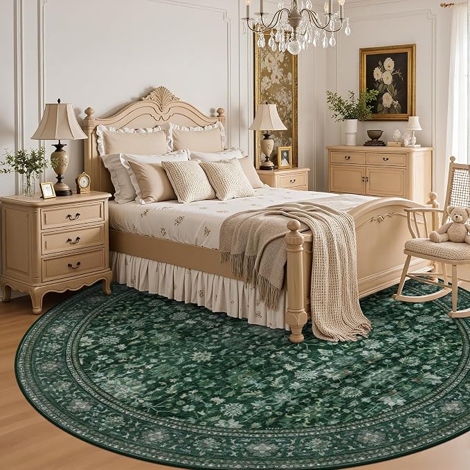 Round Area Rug for Living Room: 4ft Boho Washable Rug Deep Green | Vintage Boho Soft Round Rug Indoor Floor No Slip Carpet Stain Resistant Rugs for Bedroom Dining Room Nursery Home Office