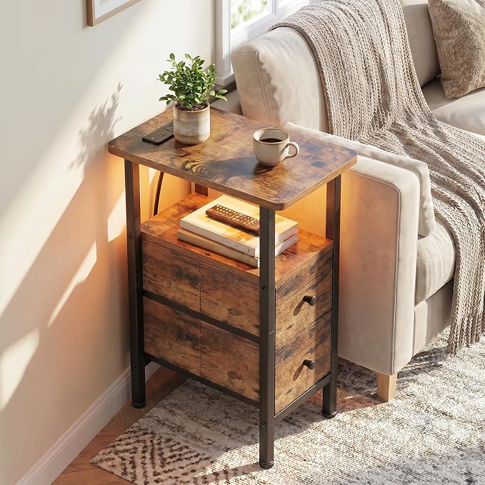 LOAKEKEL Narrow End Table with Charging Station, Small Nightstand | Skinny Side Tables Living Room with 2 Fabric Drawers, Slim Bedside Table with LED Lights for Bedroom, Small Spaces, Brown
