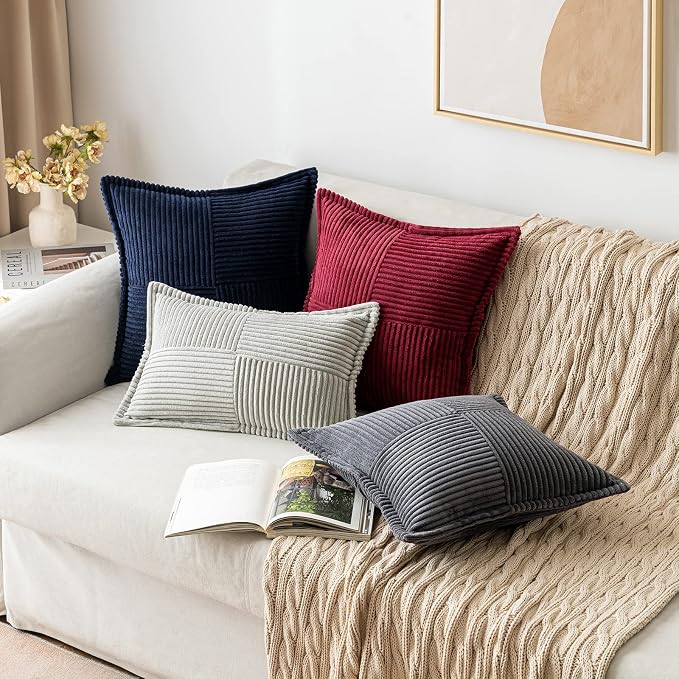 MIULEE Decorative Throw Pillow Covers for Couch 18x18 Inch Burgundy 2 Pack | Boho Broadside Striped Patchwork Pillow Covers, Soft Corduroy Cushion Cases, For Sofa Bed Livingroom Home Decor