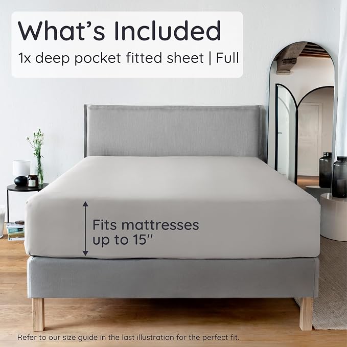 Bambaw 100% Viscose Derived from Bamboo Fitted Sheet Full Size, Cooling Fitted Sheet Full Size, 15’’ Deep Pockets Full Fitted Sheets Only, Ultra Soft Full Size Bottom Sheets Only (Moonlight Gray)