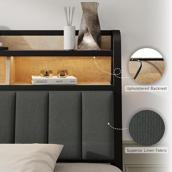 King Headboard Only with Storage, Charging Station, Black & Brown | Upholstered Headboards for King Size Bed with LED Light, Height Adjustable, Sturdy and Stable Headboard
