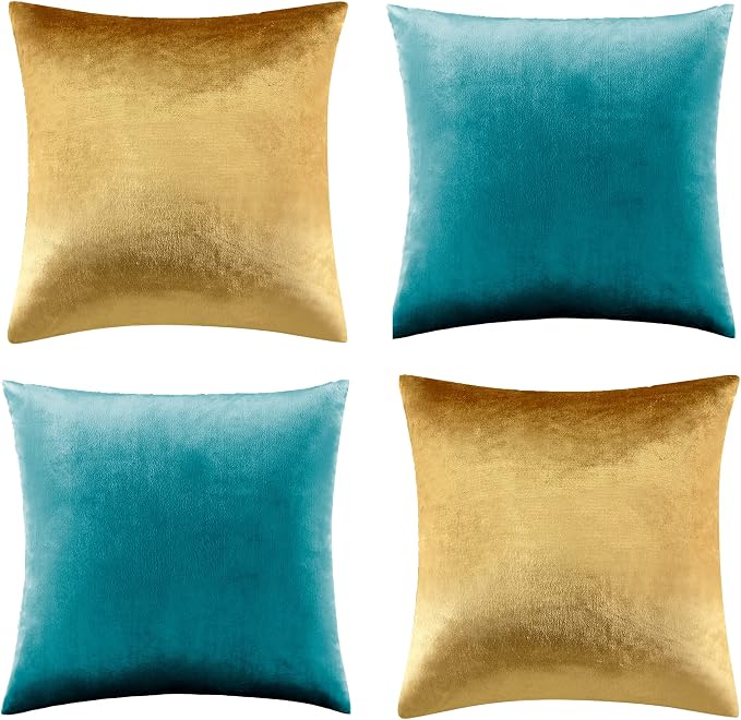 GIGIZAZA Pack of 4 Decorative Velvet Pillow Covers 18x18 Teal Gold | Throw Pillows for Couch Sofa,280gsm Soft Textured Fabric,Modern Accent Pillowcases,Luxury Living Room Cushion Covers