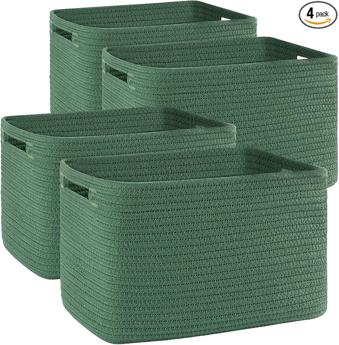 4 Pack Storage Baskets for Organizing, Woven Baskets for Shelves - Perfect for Toys, Books, Towels, and Clothes, Durable Gift Basket Bins Toy Storage, 12.7''L x9''W x7.8''H, Green
