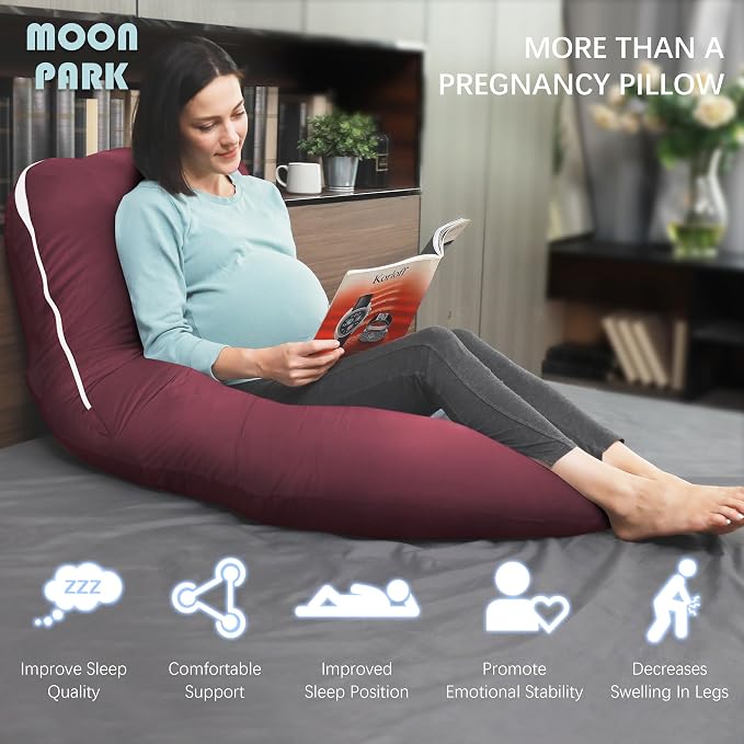 MOON PARK Pregnancy Pillows for Sleeping - U Shaped Full Body Maternity Pillow with Removable Cover - Support for Back, Legs, Belly, Hips - 57 Inch - Burgundy - Cooling Cover