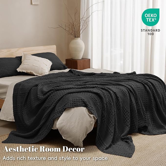 PHF Lightweight 100% Cotton Waffle Blanket for Bed, King, Black | Pre-Washed Soft Cotton Comfort, Breathable Layering Warmth for Fall & Winter, Bed, Sofa, Couch, Home Decor & Gifts