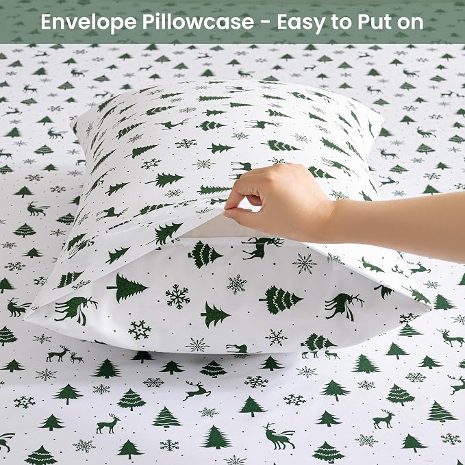 Softan Christmas Holiday Microfiber Twin Sheet Set with Non-Slip Straps | 15" Deep Pocket Fitted Bed Sheets, Printed Sheets, Green Reindeer Pattern, Single Sheets & Pillowcase Set for All Season