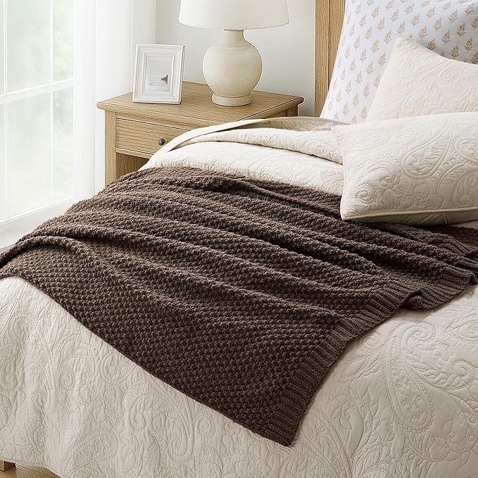 EVERGRACEHOME Chunky Chenille Knit Throw Blanket, 50 x 60, Cocoa Brown | Sculpted Moss Stitch, Chic Modern Farmhouse, All-Season Warmth, OEKO-TEX® Certified, Elegant Blanket for Couch, Bed, Sofa