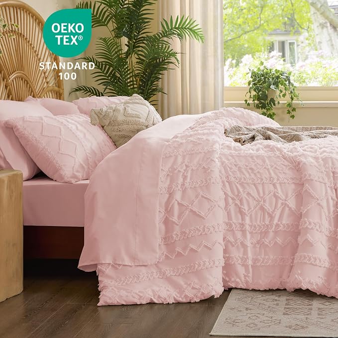 BEDELITE King Comforter Set 7 Pieces,Boho Bed in a Bag,Pink | Tufted Bed Set for All Seasons,Soft Farmhouse-Style Embroidery Bedding,Includes Flat & Fitted Sheets,2 Pillowcases & 2 Shams