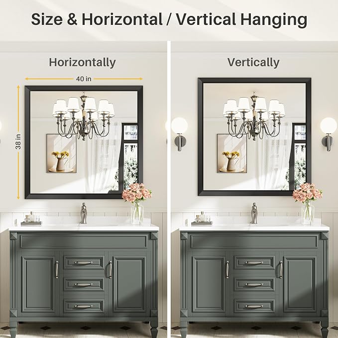 Black Metal Framed Bathroom Wall Mirror, 40x38 Inch | Anti-rust, HD tempered glass, for bathroom vanity, bedroom, living room, horizontal or vertical mount