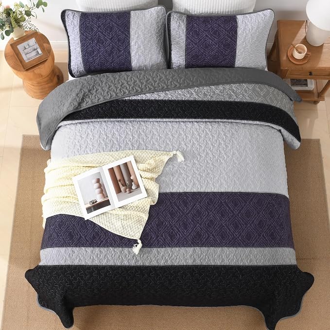 Cottolester Quilts Queen Size,Black Purple Striped Bedspread Coverlet Set | Modern Boho Style,Striped Plaid Design,Ultra Soft Lightweight Microfiber Quilted Bedding Sets for All Seasons 96"x90"