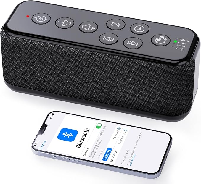 Rechargeable Sound Machine with Bluetooth Speaker, White Noise for Sleep | 15 Soothing Sounds, 3000mAh Type-C Rechargeable Battery, 30/60/120-Minute Auto-Off Timer, Memory and Portable Design