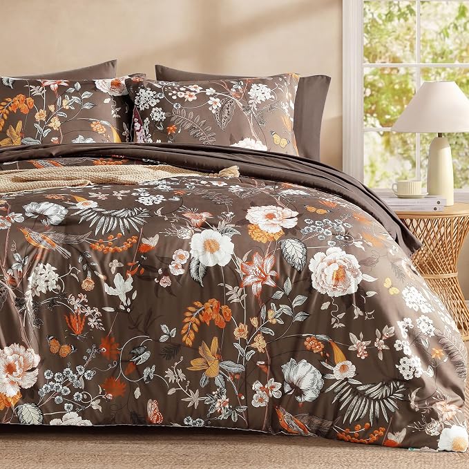 Queen Comforter Set - 7 Pieces Soft Floral Bed in a Bag Queen Bedding Sets | Brown Botanical Flowers Comforter Set with Sheets, Pillowcases & Shams for All Seasons
