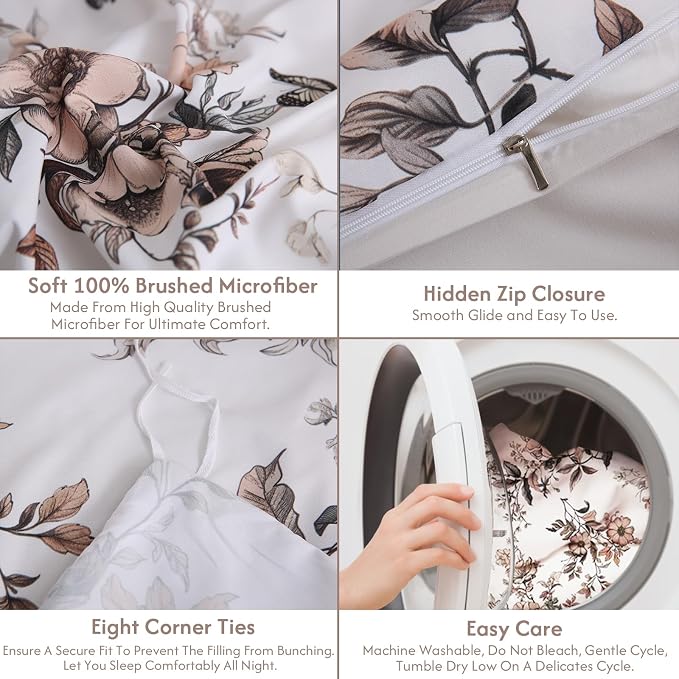 LONAVA King Floral 3 Pcs Duvet Cover Set, Breathable Soft Microfiber Light Grey Lining Comforter Cover with Zipper Closure, and 2 Anti-Pilling, Fade Resistant Pillowcases, Withered Flowers