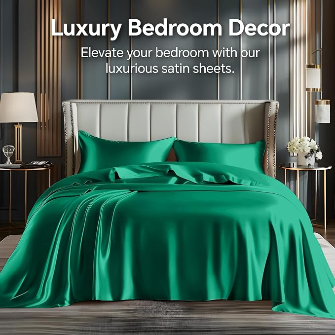 BEDELITE Satin Sheets King Size Bed Set, Dark Green, 4 Pieces | Luxury Silky Bed Sheets, 15 Inch Deep Pocket, Similar to Silk, Soft and Cooling, Reduces Friction, Gentle on Hair and Skin