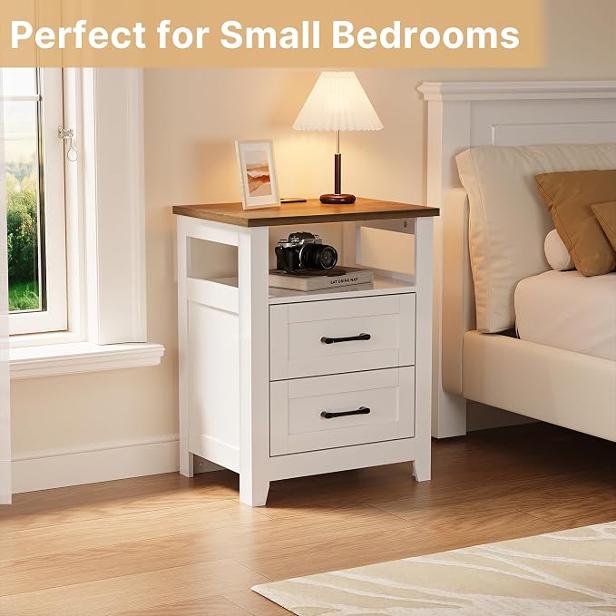 Decofy Farmhouse 2-Drawer Nightstand Set of 2 with Charging Station, White | Open Shelves, AC Outlets, USB And Type C Ports, Rustic Wood Bedside Tables, Storage For Small Items