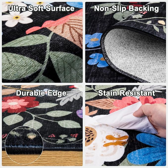 PLHXFR 2x5 Washable Runner Rug：Floral Indoor Kitchen Soft Carpet Black | For Hallway Bedroom Kitchen Laundry Bathroom Dorm,Vintage Floral,Machine washable,Non Slip,Stain Resistant,Indoor Floor
