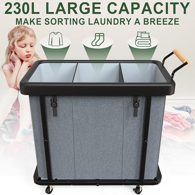 Laundry Hamper 3 Section with Lid,230L Rolling Dirty Clothes Hamper Grey | Laundry Basket with Wheels,Laundry Organizer Storage Cart with Sturdy Metal Frame and Wooden Handle for Laundry Room, Hotel