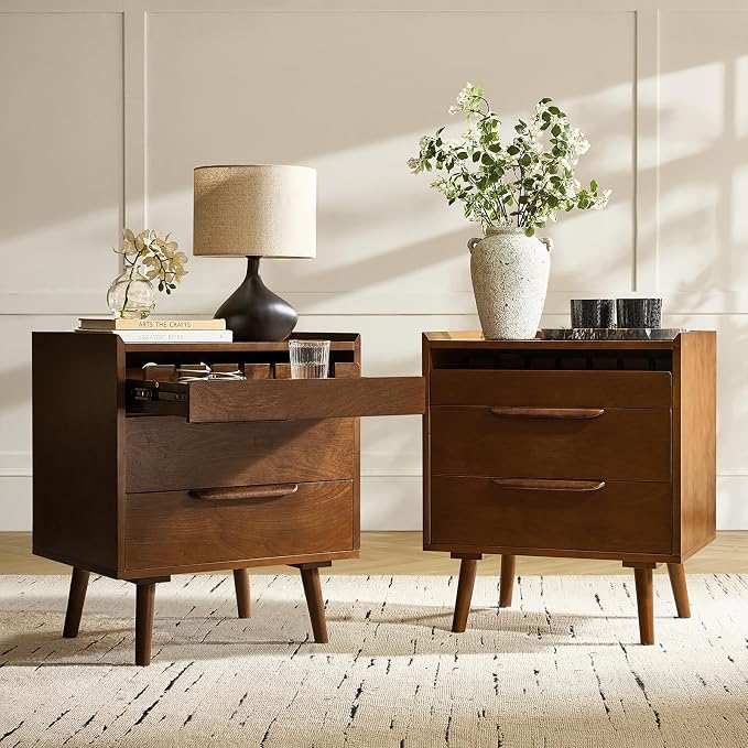 HULALA HOME 2-Drawer End Table with Charge Station, Set of 2 Walnut | Mid-Century Modern Style, Pull-Out Shelf, Wood Legs, Cable Management