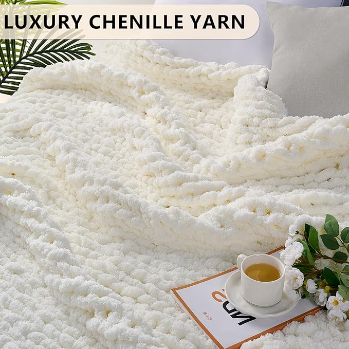 L'AGRATY Chunky Knit Throw Blanket for Couch, 80 x 90 Inches, Cream White | Handmade Chenille Crochet Blanket for Sofa Bed, Thick Cable Knitted Blankets for Room Home Decor, Birthday Gift for Women Mom