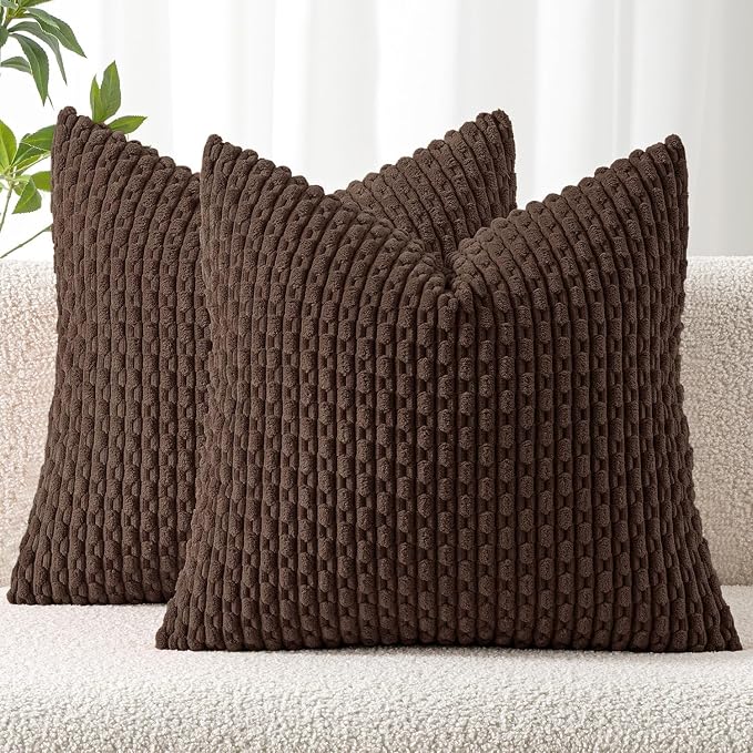 MIULEE Decorative Throw Pillow Covers 20x20 Dark Brown Textured Corduroy | Pack of 2 Striped Pillow Covers Modern Farmhouse Fall Home Decor for Couch Bed Sofa Living Room