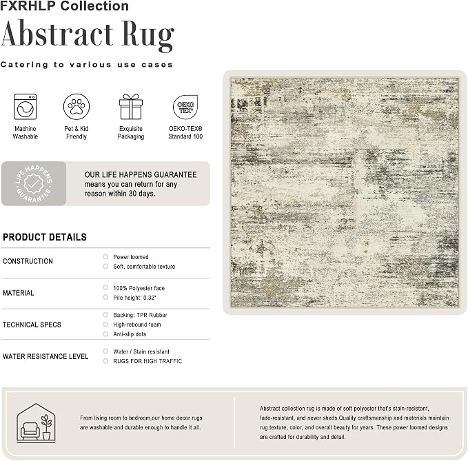 Area Rug Living Room: 4x4 Modern Washable Soft Carpet Ash Brown | For Bedroom Dining Room Farmhouse Nursery Hallway Office,Modern Abstract,Machine washable,Non-Slip,Stain Resistant,Indoor