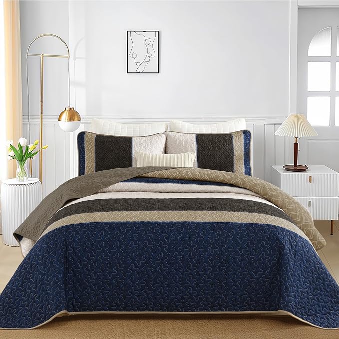 Cottolester Quilt Set Full,Brown Blue Striped Plaid Bedspread Coverlet Set | Lightweight Coverlets Set with 2 PillowShams,All Seasons Microfiber Boho Quilt Bedding Sets for Bedroom Guest Room 78"x90"