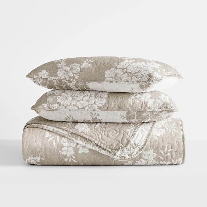 Merit Linens 3 Piece Quilt Set - Super Soft - Lightweight - All Season Quilted Coverlet - Timeless Patterns - Full/Queen Taupe
