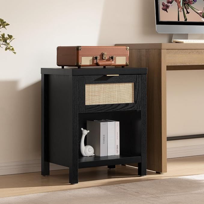 SICOTAS Black Rattan Nightstands Set of 2 with Drawer | Farmhouse Bedside Table with Storage, 19.7" Modern Bed Side Table for Bedroom, Small Space, Black Oak