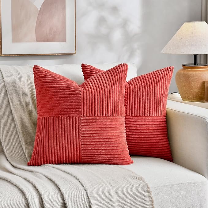 Fancy Homi 2 Packs Red Big Decorative Throw Pillow Covers 24x24 Inch for Couch Bed Sofa, Holiday Christmas Home Decor Gift, Soft Corss Corduroy Patchwork Accent Square Cushion Case 60x60 cm