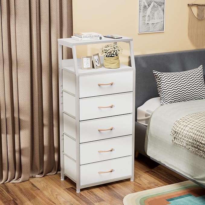 Furnulem White Tall Dresser for Bedroom, 5 Fabric Bins Tall Nightstand | Dorm Dresser, Vertical Storage for Closet, Chest of Drawer for Entryway, Nightstand Bedside Table, Metal Frame,Wood Top