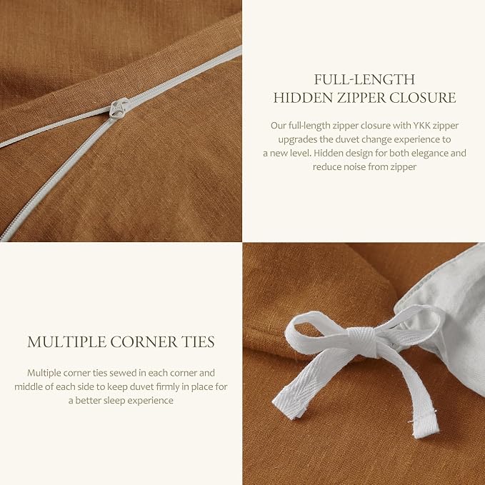 DAPU 100% French Linen Duvet Cover 3Pcs Set, 170GSM Linen Bedding, Full/Queen