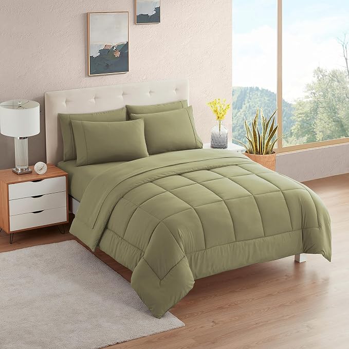 Sweet Home Collection RV Short Queen Comforter Set for RV Camper - Comforter Set with Fitted & Flat Sheet, 4 Pillowcases - Tailored for RV Short Queen Beds - Cozy Essentials for Your RV Bedroom, Sage
