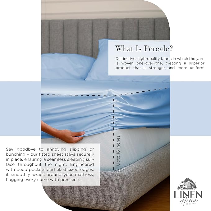 Linen Home 100% Cotton Percale Sheets Full Size Pack of 2, Baby Blue, Deep Pocket, 8 Pieces Set- 2 Flat, 2 Fitted and 4 Pillowcases, Crisp Cool and Long Staple Strong Bed Linen