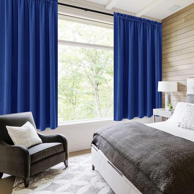 DWCN Wide Blackout Curtains for Living Room 60 x 63 Inch Long 2 Panels | Room Darkening, Thermal Insulated, Light Blocking, Rod Pocket Drapes, Noise Reducing Window Treatments, Classic Blue