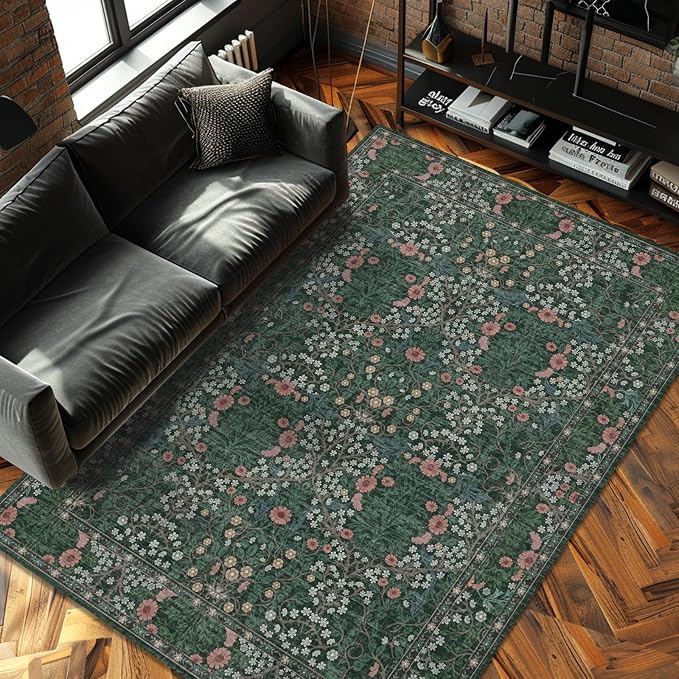 Vintage Green Living Room Rug, 6x9 Washable Area Rugs for Dining Room Under Table, Soft Low Pile Large Carpet Bedroom, Non-Slip Boho Floral (6 x 9 Green)