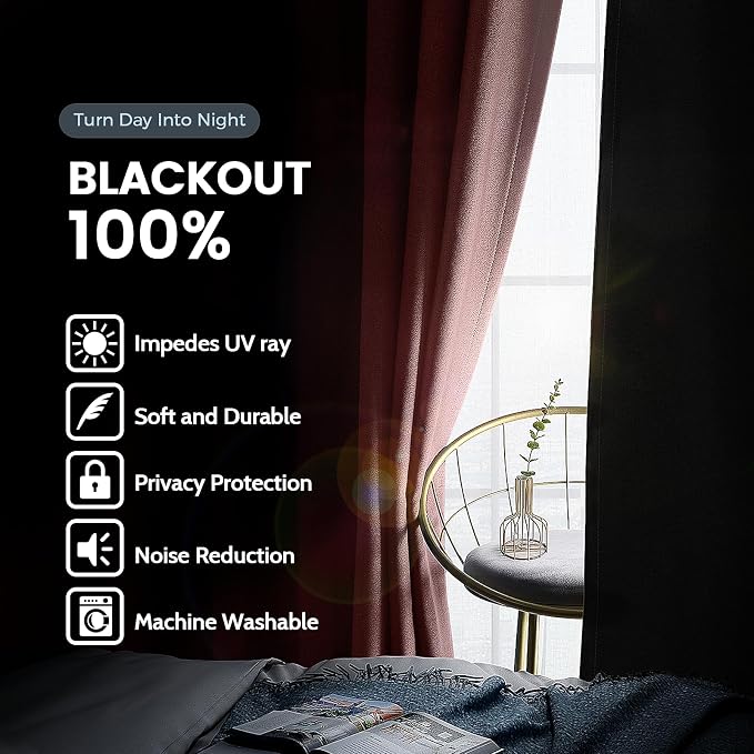 SimpleHome Peach Pink 100% Blackout Curtains Room Darkening Living Room 63 | Curtains for Bedroom,Thermal Insulated Grommet Window Drapes,Curtains for Living Room with Black Back,38 x 63 Inch,2 Panels
