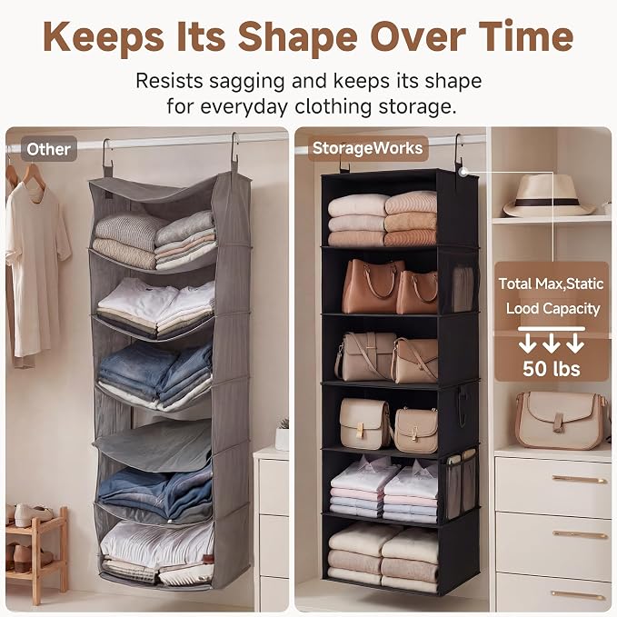 StorageWorks Hanging Closet Organizer, 6-Shelf with 2-in-1 Design, Ivory | Maximize Closet Space with Reinforced Shelves, Small Closet Storage Solution for Bedrooms, Dorms and RVs, Jumbo