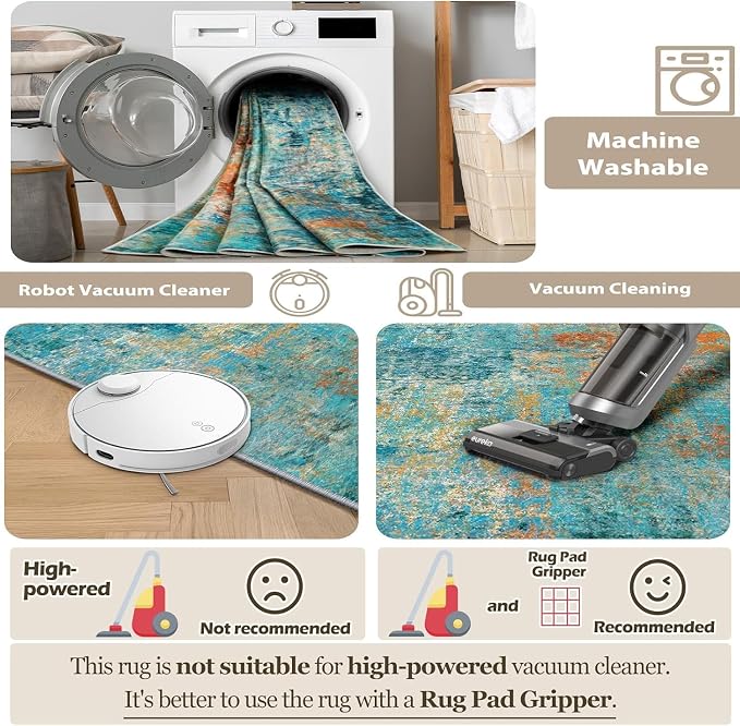 RELEANY Washable Runner 2'x8' Abstract Area Rug for Hallway Teal Multi | Carpet for Kitchen, Entryway, Bathroom, Living Room, Bedroom, Printed Pattern, Non‑Slip, Soft, Stain‑Resistant, Easy to Clean