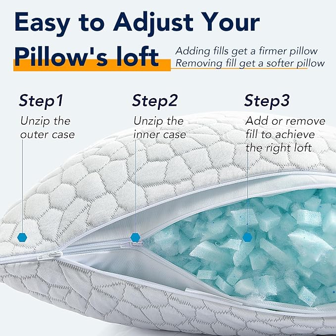 QUTOOL Cooling Memory Foam Pillows Queen Set of 2, Adjustable Shredded Memory Foam,Bed Pillows for Sleeping with Breathable Washable Cover, Designed for Side & Back Sleepers, Adjustable Loft