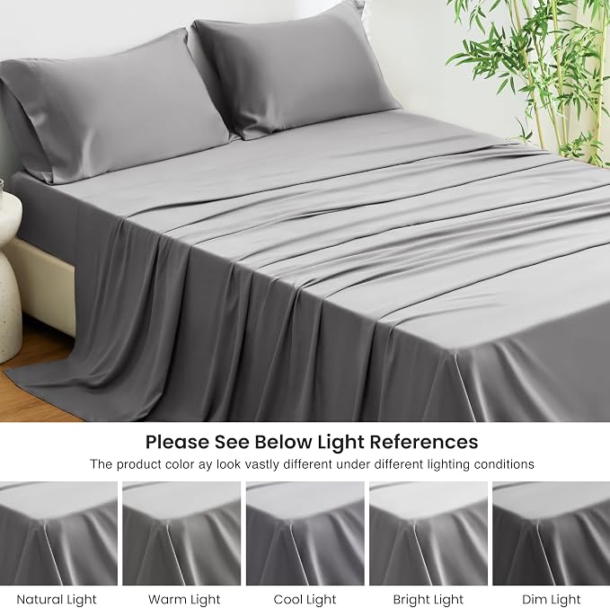 Love's cabin 4 Piece Full Size Sheet Set, 100% Rayon Derived from Bamboo, Cooling & Breathable, Soft Silky Deep Pocket up to 16", Hotel Luxury Bedding for Hot Sleepers, Grey