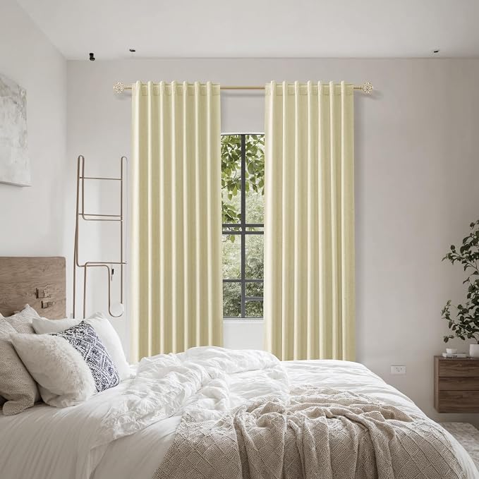 Extra Long 100% Blackout Linen Curtains for Bedroom 108 inches Long, Thermal Insulated Room Darkening Black Out Drapes for Living Room, Back Tab Rod Pocket 2 Panels Set,Cream Yellow,52x108