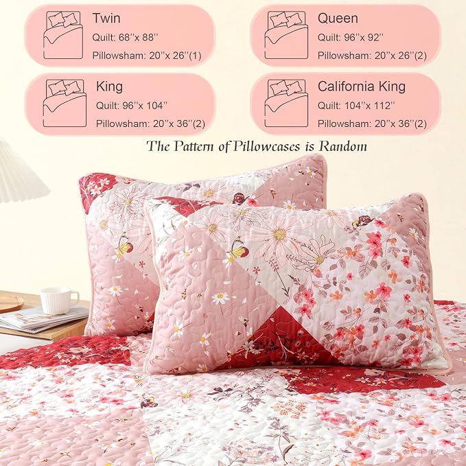 Whale Flotilla Patchwork Quilts Queen Size, Extra Soft Floral Bedspreads | Red Reversible Lightweight Full Queen Quilt Bedding Set for Bed, Printed Coverlets with 2 Pillow Shams for All Seasons