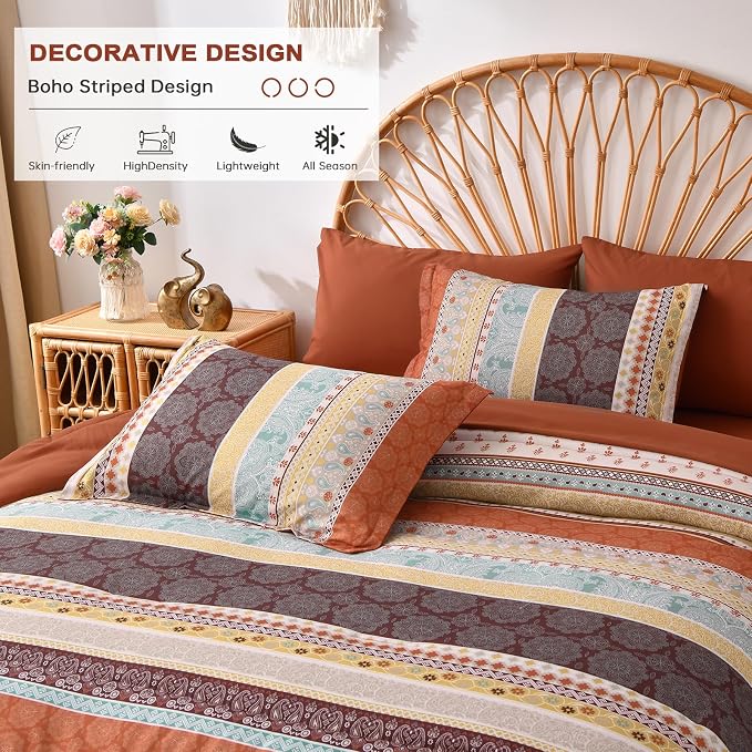 Cottolester Boho Comforter Set Queen Size,8 Pieces Red and Orange Bohemian Striped Bed in a Bag,Paisley Soft Microfiber Bedding Comforter Set