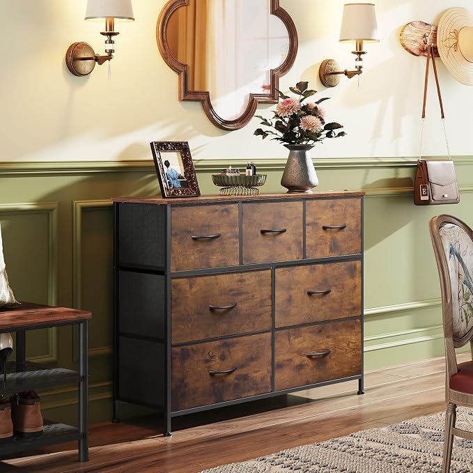 WLIVE Dresser for Bedroom, 7 Drawers, TV Stand, Rustic Brown Wood Grain | 7 roomy fabric drawers, Fits TVs up to 45 inch, Bedroom or living room, Wide storage design, Chest of drawers