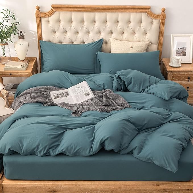 PURE ERA Jersey Knit Sheet Set Solid Cerulean Blue Oversized Queen | 100% Cotton, 3 Piece Set, T Shirt Soft, Breathable, Envelope Closure Pillowcases, Hidden Zipper, 8 Ties, No Insert, Modern