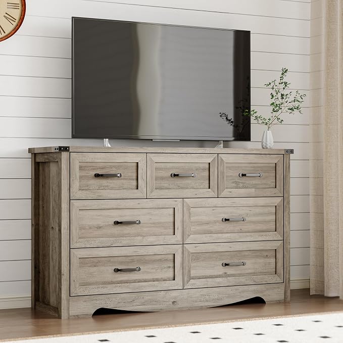 BORNOON 7-Drawer Dresser for Bedroom, Modern Wooden Chest of Drawers with Metal Handles, Anti-Tipping Design, Sturdy and Stable Storage Organizer for Living Room, Entryway, Home Office